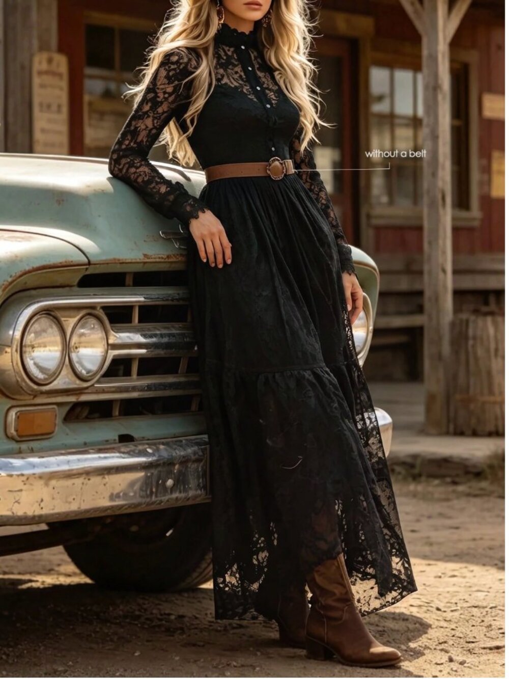 Victorian Black Lace Maxi Dress High Neck Long Sleeve Gothic Boho Gown - Picture 7 of 13